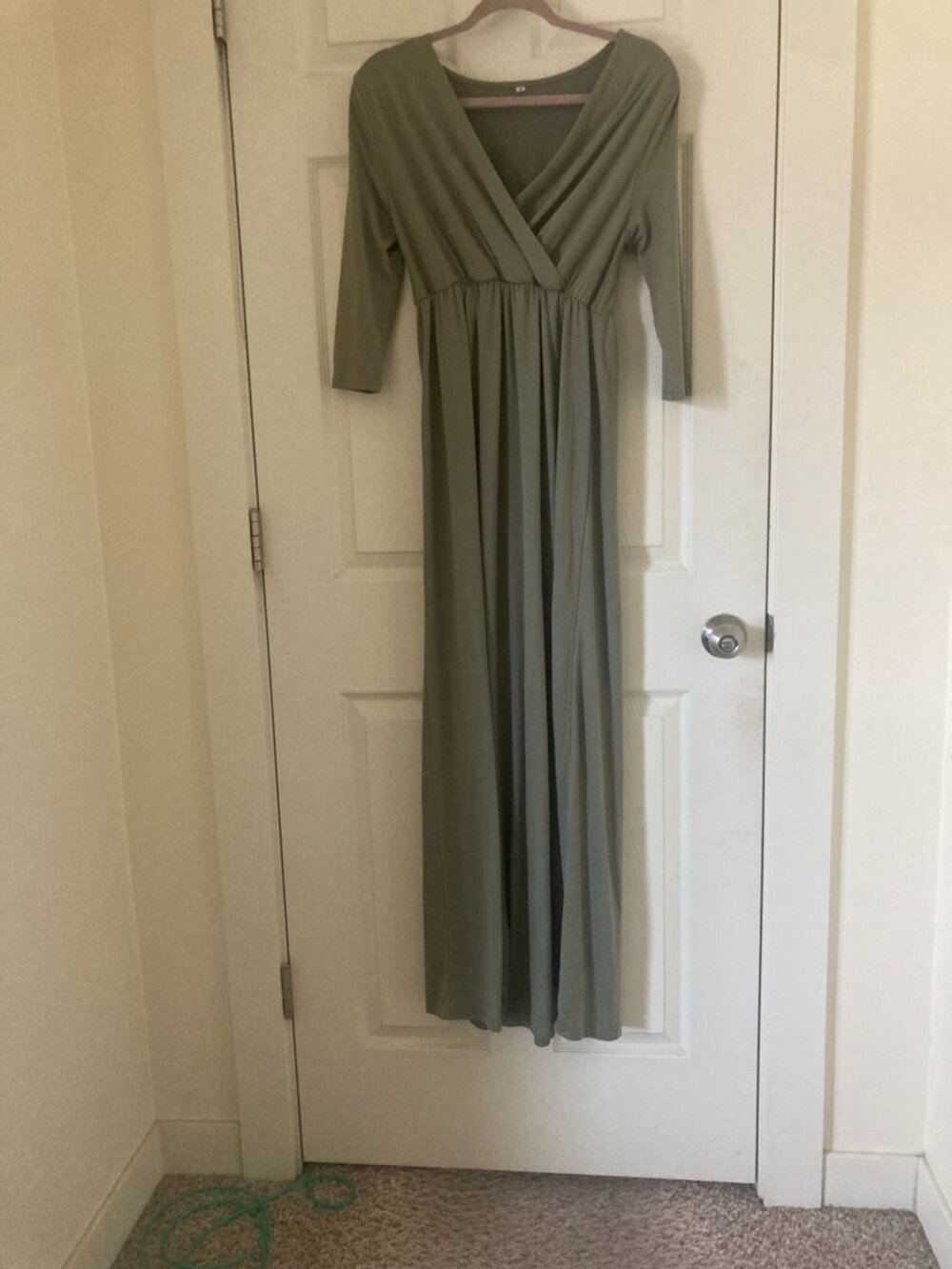 NWOT Olive Green Surplice Wrap Maxi Dress 3/4 Sleeve Elastic Waist Size M